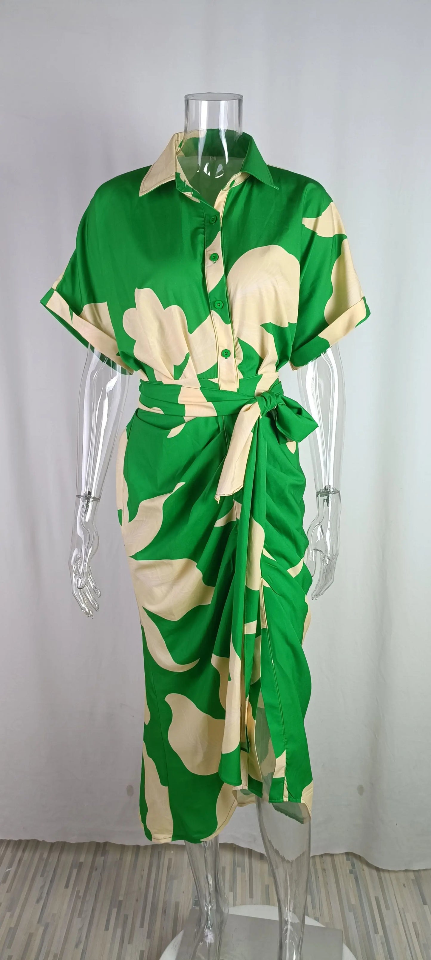 Casual Lapel Neck Waist Print Shirt Dress
